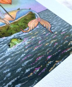 Vibrant metalic watercolour paint on the mermaid of the lakes waves