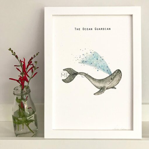 Framed print of the guardian of the sea watercolour humpback whale