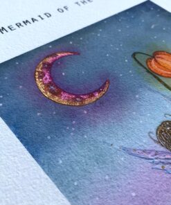Close up of a metalic painted moon on the mermaid of the lakes print