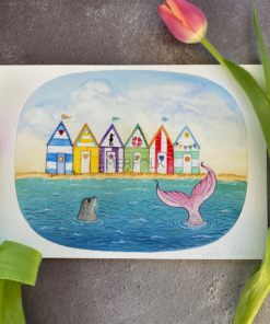 rainbow beach huts with a mermaid and seal