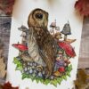 Owl and fairy mushroom print