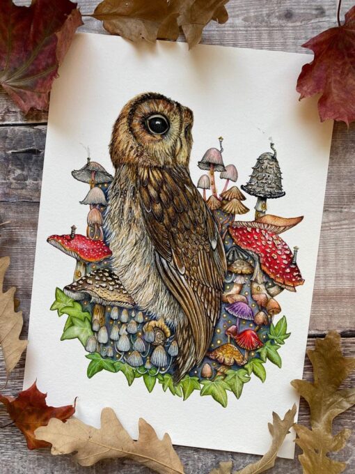 Owl and fairy mushroom print