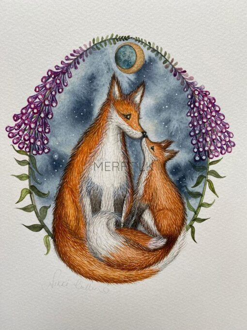 fox and cub original artwork with moon and foxgloves