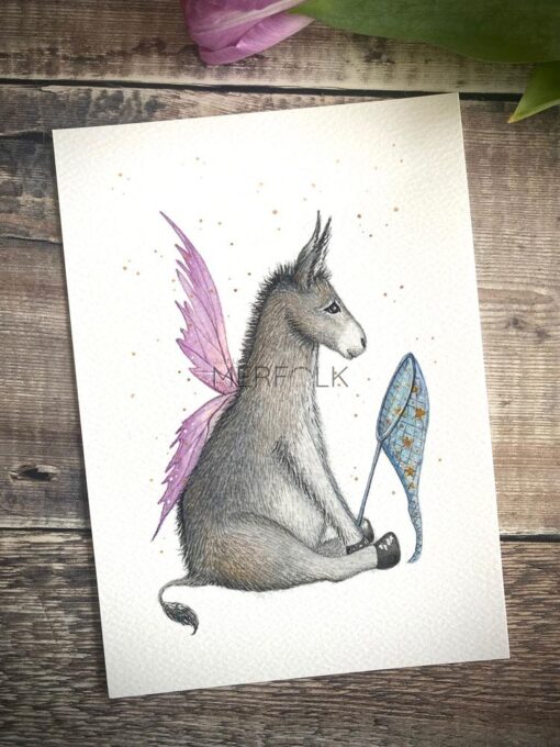 Fairy Donkey with pink wings and net, catching stars
