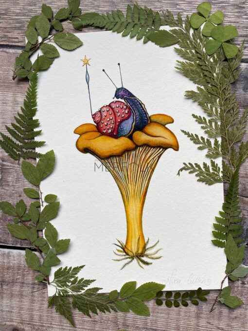 weird is wonderful snail and chanterelle mushroom print
