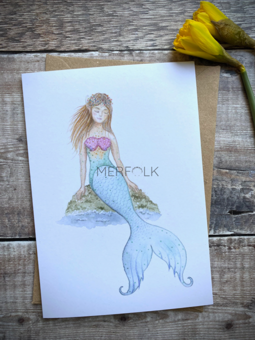 Mermaid sat on a rock greeting card