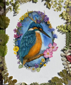 kingfisher in a crown with antlers surrounded by wild flowers
