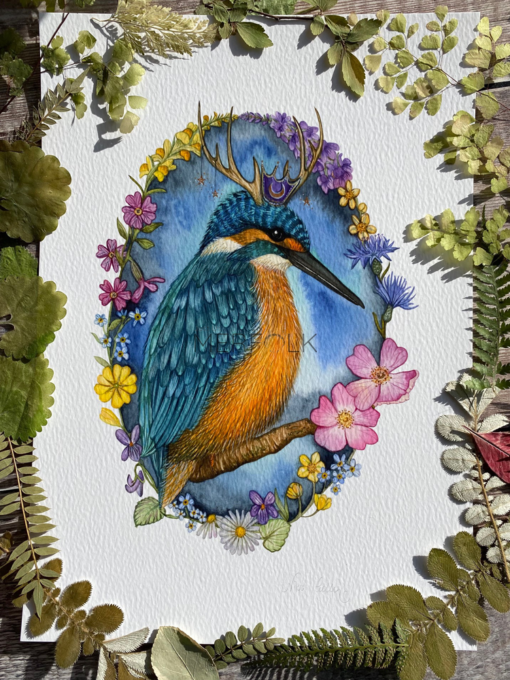 kingfisher in a crown with antlers surrounded by wild flowers