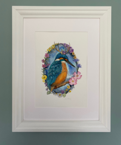 framed print of kingfisher in a crown with british wild flowers