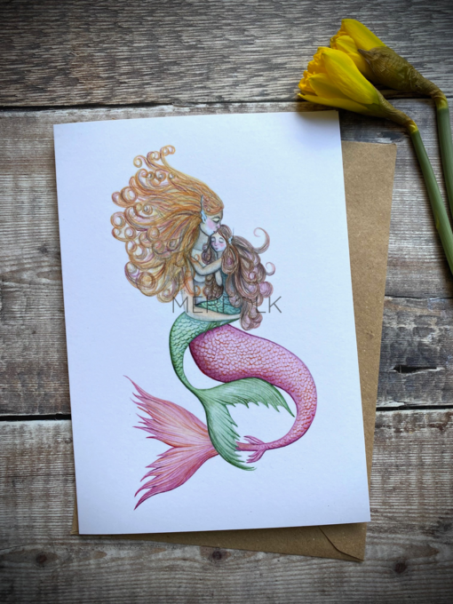 A5 mermaid card with mermaid mother with a pink tail and mermaid child with a green child