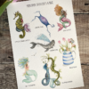 a4 print of mermaids, whales, seahorse, seadragon and mermaids purse