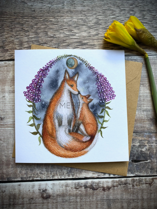 fox and cub card with foxglove flowers and a moon.
