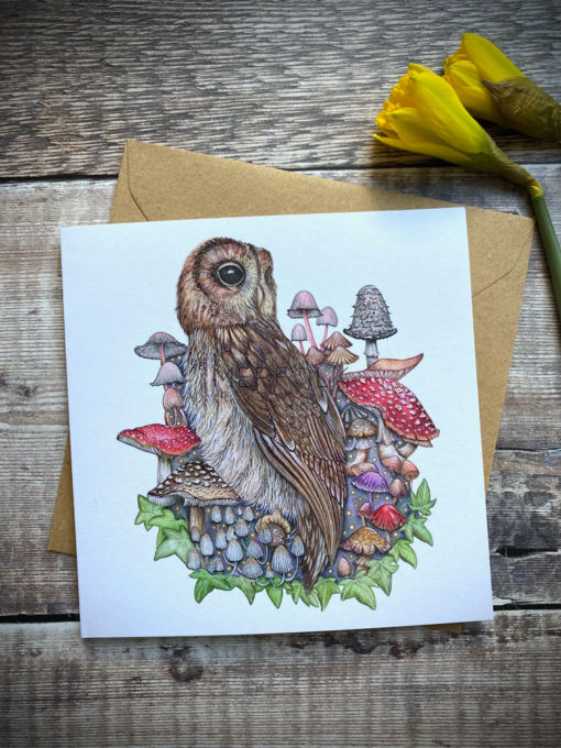 owl and mushroom greeting card