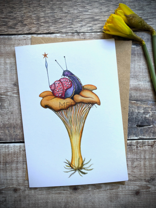 chanterelle mushroom and snail a5 card