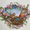 fairy and robin waching over blue eggs in a nest surrounded by apple blossom watercolour art