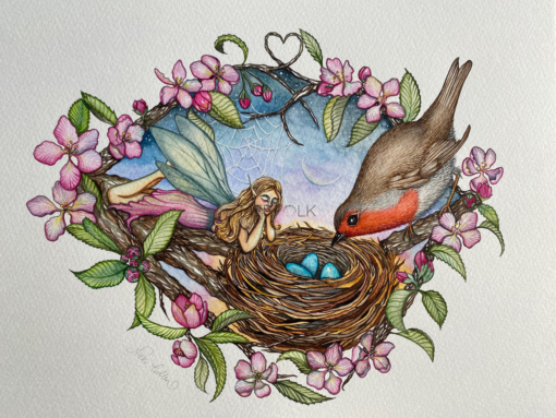 fairy and robin waching over blue eggs in a nest surrounded by apple blossom watercolour art