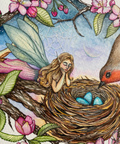 close up image of robin nest with eggs watercolour illustration