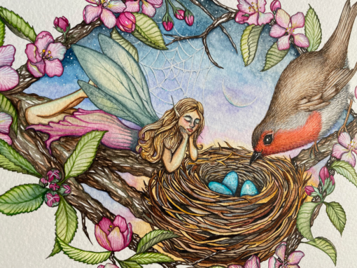 close up image of robin nest with eggs watercolour illustration