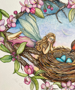 close up of apple blossom fairy lying on a branch with a robin nest and eggs