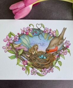 flower fairy and robin in apple blossom tree with eggs and nest