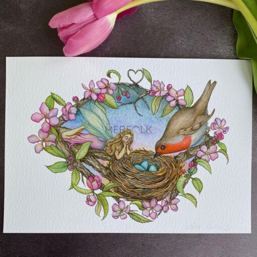 flower fairy and robin in apple blossom tree with eggs and nest