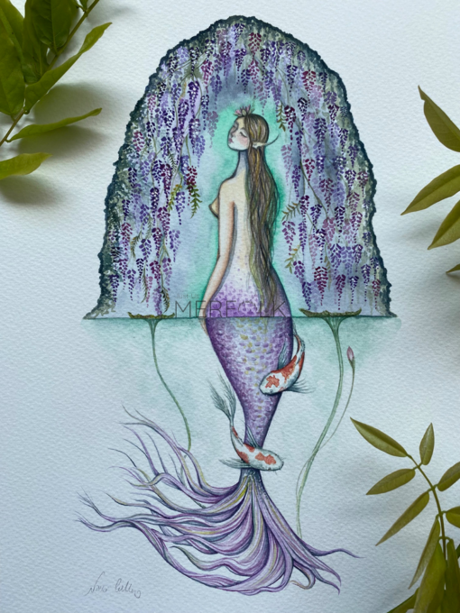 original watercolour purple wisteria mermaid with koi carp and lily pads