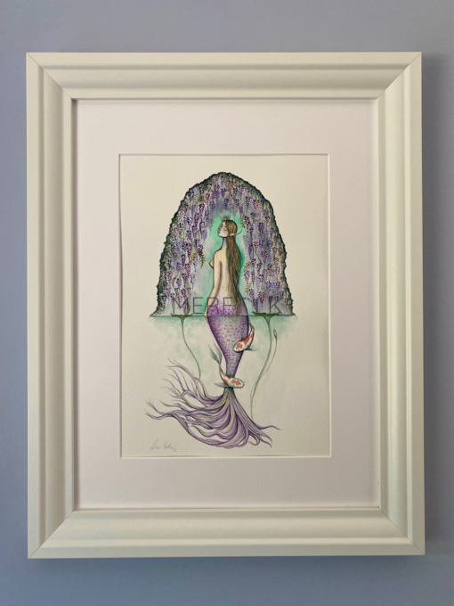 framed original wisteria mermaid watercolour painting