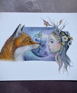 Lunar moon goddess with fox, full moon and lunar moth