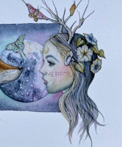 Moon goddess with moonflowers in hair and birchwood antlers with moths