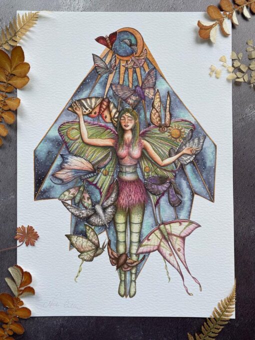 equinox faery with lunar moth wings and surrounded by many multicoloured moths