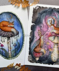 Pair of foxalope a4 prints showing mushrooms and moons.