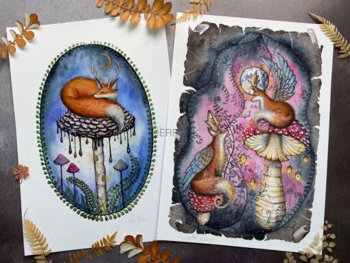 Pair of foxalope a4 prints showing mushrooms and moons.