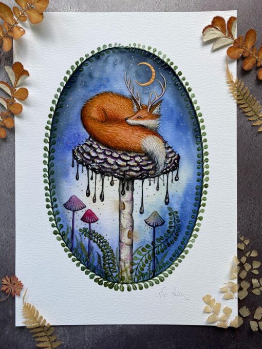 Sleeping foxalope with shaggy inkcap mushroom and crescent moon