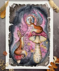 fairy foxes with mushrooms and full moon watercolour print