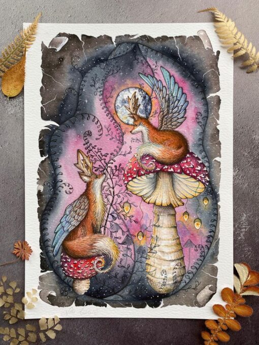 fairy foxes with mushrooms and full moon watercolour print