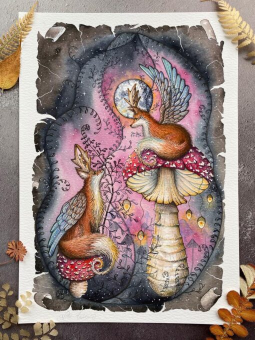 magical watercolour print of fairy foxalopes and mushrooms
