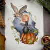 Print of watercolour pumpkin, batcat and barn owl under the harvest moon.