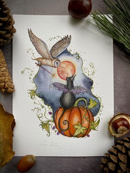 Print of watercolour pumpkin, batcat and barn owl under the harvest moon.