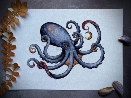 Blue celestial octopus holding a crescent moon
