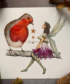 Robin bird holding a string of stars sat on a birch branch with a winter fairy.