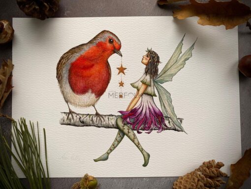 Robin bird holding a string of stars sat on a birch branch with a winter fairy.