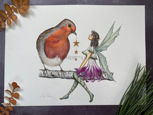 Original watercolour artwork of a robin and fairy.