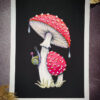 Fly agaric mushroom watercolour print on black background