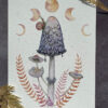 shaggy inkcap and fairy inkcaps with garden snail and moon phases print of watercolour artwork