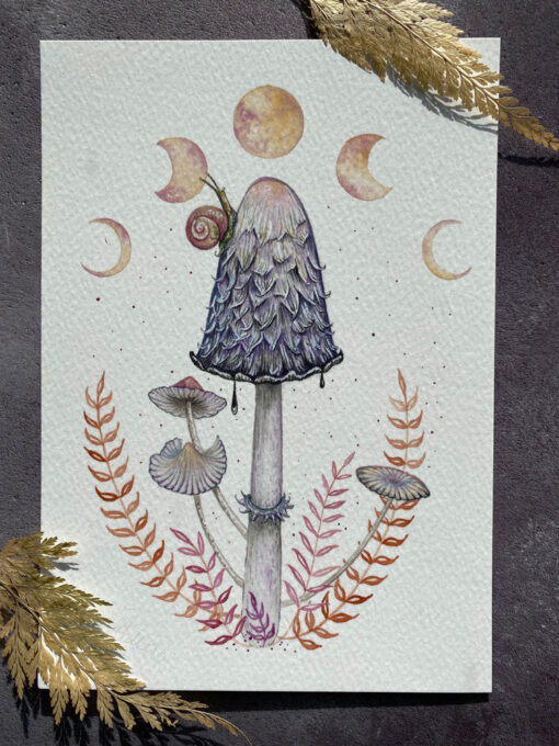 shaggy inkcap and fairy inkcaps with garden snail and moon phases print of watercolour artwork