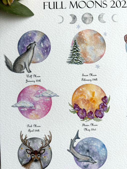 full moon calendar with the wolf moon, snow moon, pink moon, flower moon