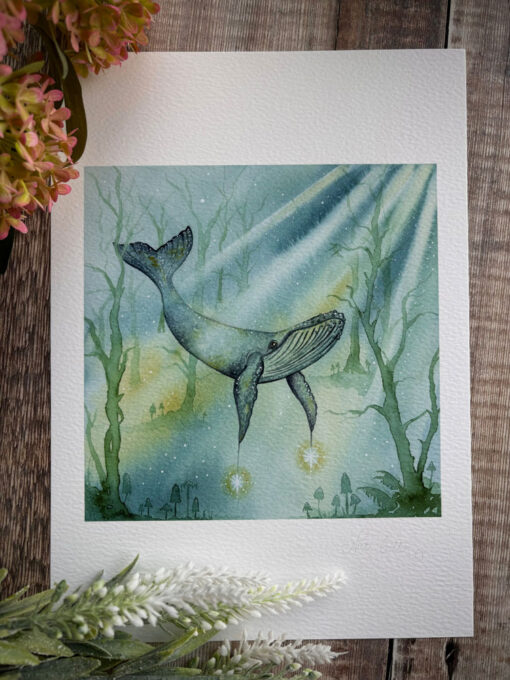sky humpack whale, forest guide with mushrooms watercolour print