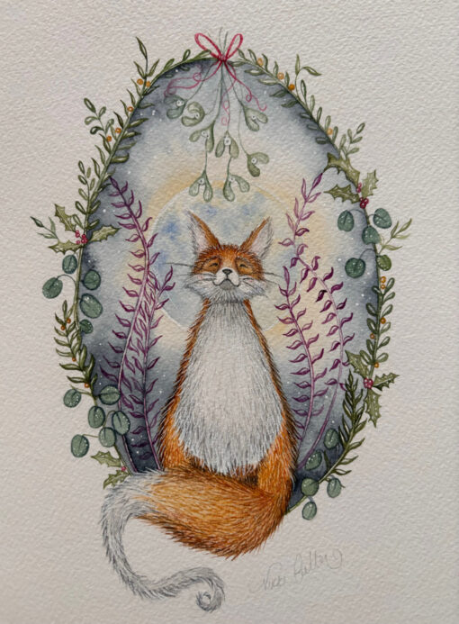 Winter fox and mistletoe watercolour original artwork
