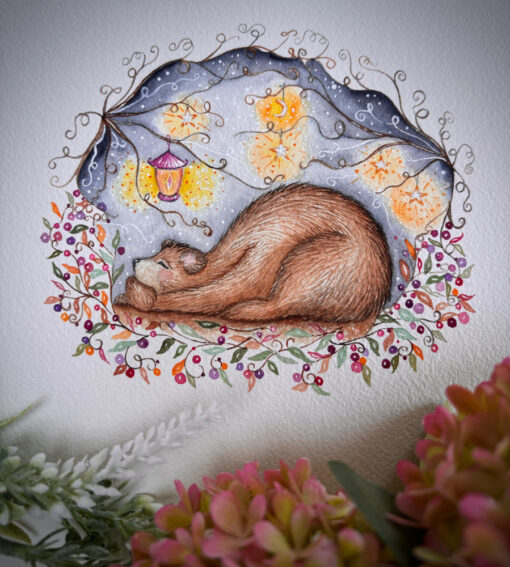 Hibernating baxter bear snuggly watercolour print