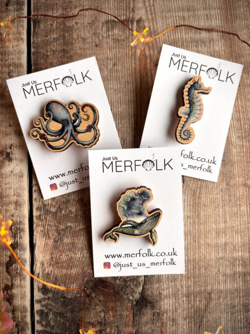 humpback whale, octopus and seahores pin badges